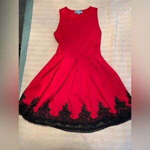 Red Sleeveless Midi Dress with Black Lace Trim